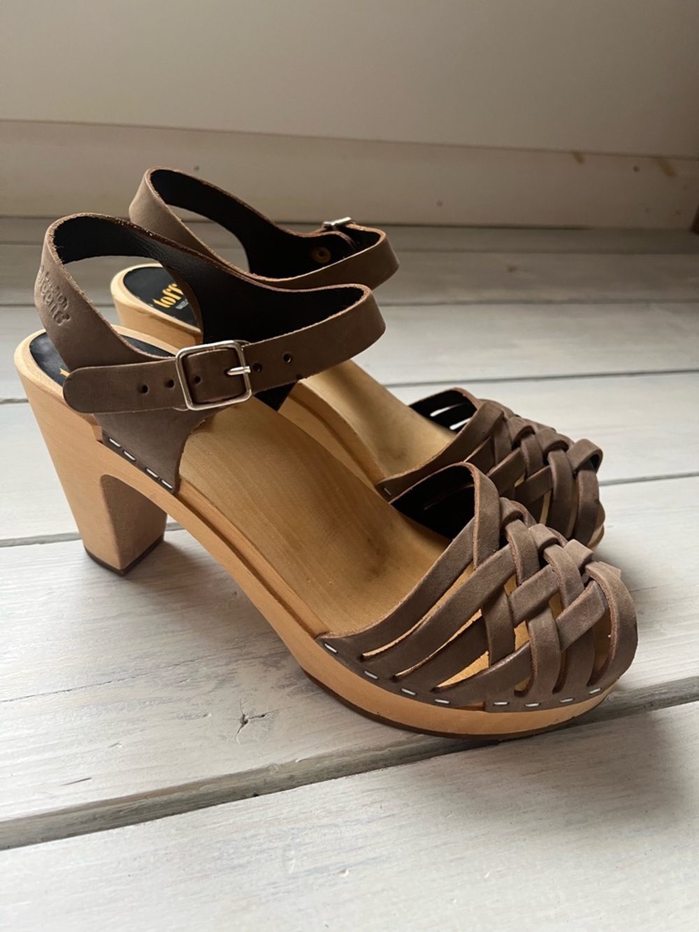 Swedish Hasbeens Grey Woven Leather Clog Heels with Ankle Strap